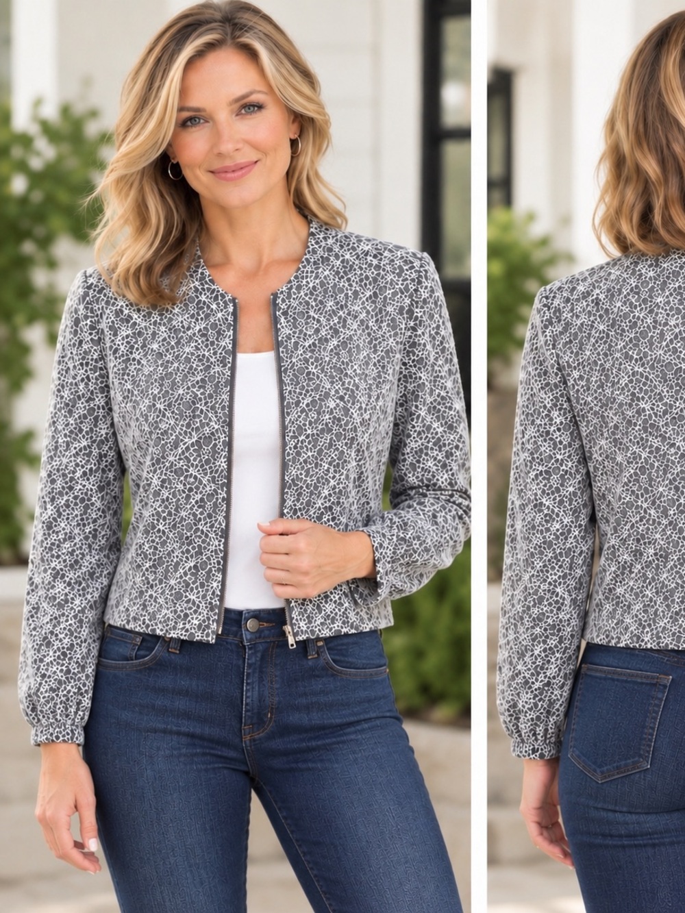 Christopher & Banks Gray Lace-Overlay Open Front Blazer size medium